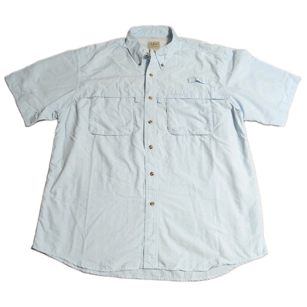LL Bean Fishing Shirt Mens L Blue Short Sleeve Vented Mesh Outdoor Hiking